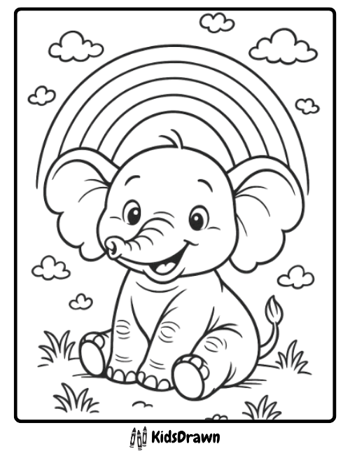 Smiling baby elephant beneath a rainbow and clouds, perfect for elephant coloring pages