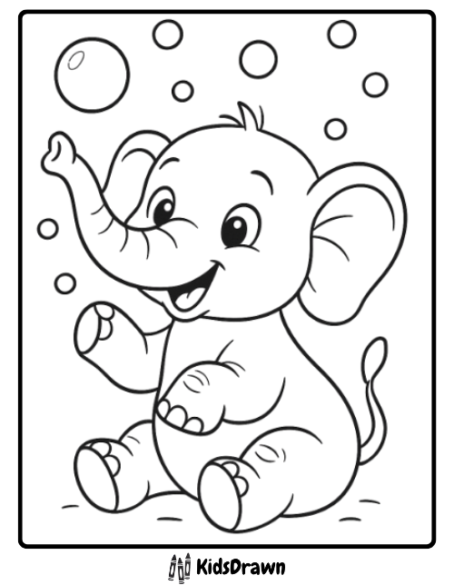 A cute, smiling baby elephant sits and raises its trunk, surrounded by floating bubbles. This black and white illustration is perfect for elephant coloring pages designed especially for children.