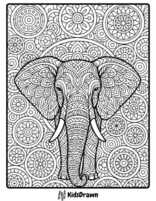 Intricate black-and-white line drawing of an elephant head with detailed patterns, set against a background of circular, geometric mandala designs. This uncolored artwork is perfect for those seeking unique elephant coloring pages.