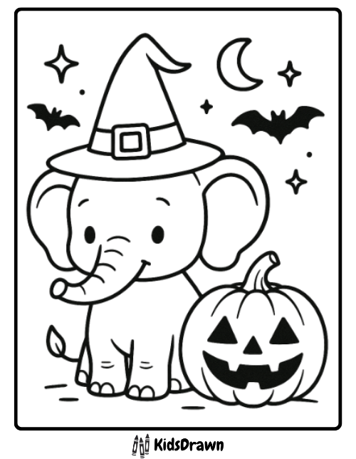 A cute cartoon elephant wearing a witch hat stands next to a carved jack-o’-lantern pumpkin. Bats, a crescent moon, and stars decorate the Halloween-themed background—perfect for fun elephant coloring pages.