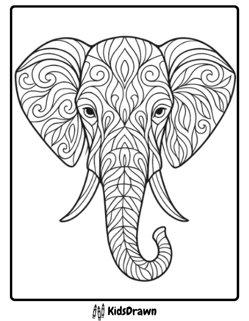 Black and white illustration of an elephant’s head with intricate, swirling patterns on its ears, trunk, and face, framed by a border. Perfect for elephant coloring pages. “KidsDrawn” appears at the bottom with two crayon icons.