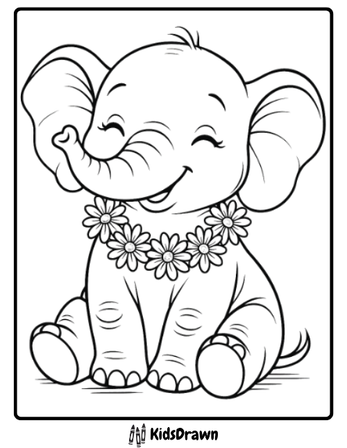 A smiling baby elephant sits with a flower necklace around its neck. This charming black and white outline is perfect for elephant coloring pages, with KidsDrawn written at the bottom.