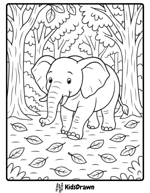A cartoon elephant stands in a forest among trees and fallen leaves. Outlined for coloring, this charming scene is perfect for elephant coloring pages, with KidsDrawn written at the bottom.