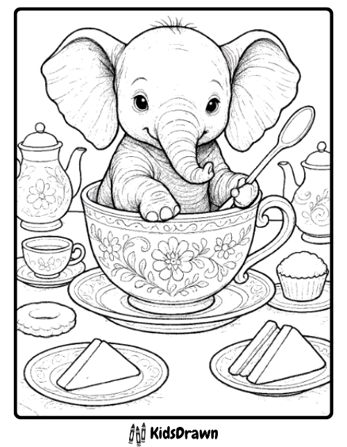 A cute baby elephant sits inside a decorated teacup, holding a spoon. Surrounded by a teapot, teacups, sandwiches, and a cupcake, this charming tea party scene is perfect for elephant coloring pages in black-and-white line art.