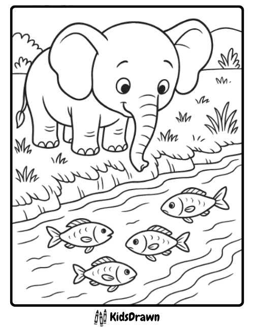 A cartoon elephant stands by a riverbank, smiling at four fish swimming nearby. Grass and plants grow along the water’s edge under a clear sky, creating a delightful scene perfect for elephant coloring pages.