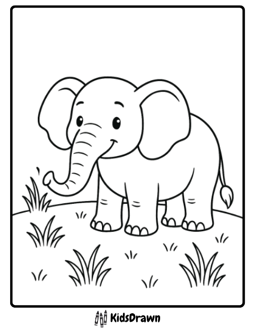 A simple black-and-white elephant coloring page showing a smiling cartoon elephant standing on grassy ground, with tufts of grass around. The image has a thick border and the word KidsDrawn at the bottom.