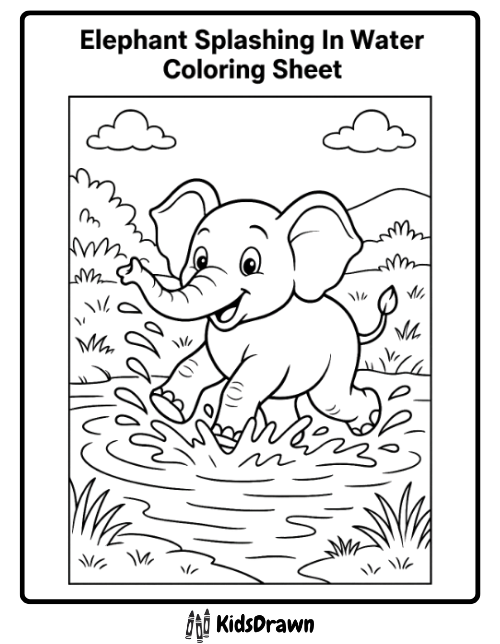 A cartoon elephant splashes playfully in a pond, surrounded by grass, bushes, hills, and clouds. This black-and-white elephant coloring pages sheet is labeled Elephant Splashing In Water Coloring Sheet.