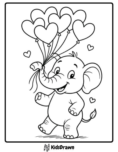 A cheerful baby elephant holds seven heart-shaped balloons with its trunk, surrounded by small hearts. Smiling and standing on two legs, this outlined drawing is perfect for those who love adorable elephant coloring pages.