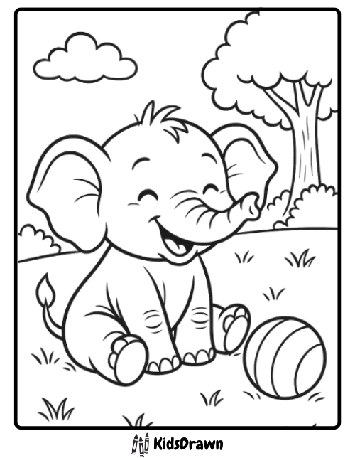 A happy cartoon baby elephant sits on grass, smiling with its eyes closed. There is a striped ball in front of it. Trees and clouds are in the background. Perfect for elephant coloring pages, the image is outlined for easy coloring.