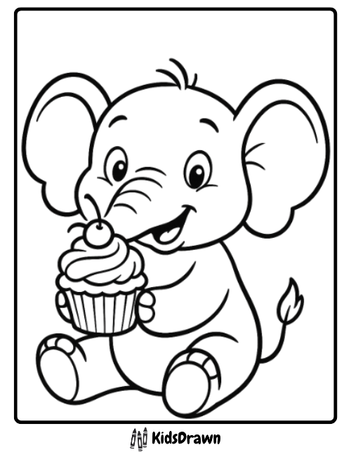 A smiling baby elephant is sitting and holding a cupcake with a cherry on top. This black-and-white cartoon drawing with thick outlines is perfect for elephant coloring pages enthusiasts.