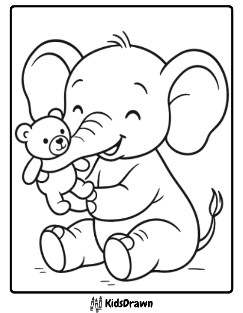A cute cartoon baby elephant sits and smiles while holding a teddy bear. The simple, outlined drawing is perfect for elephant coloring pages and ideal for kids to enjoy coloring fun.