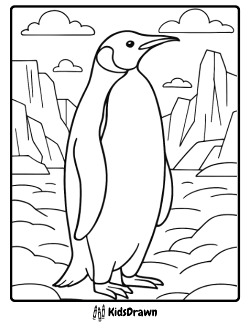 Emperor Penguin Frozen Landscape majestic emperor penguin in icy Antarctic scene, educational Penguin Coloring Pages
