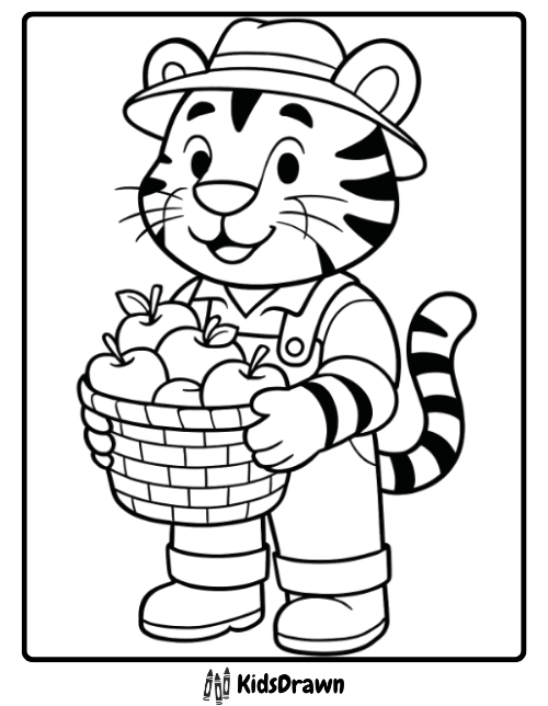 Happy tiger farmer holding a basket of apples farm life inspired tiger coloring pages for kids