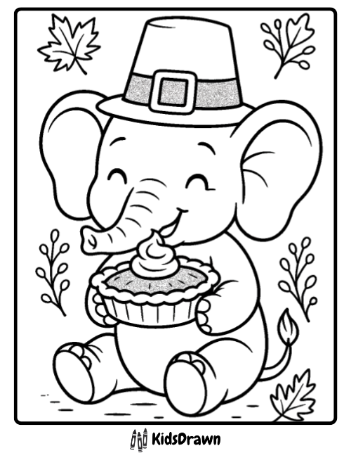 A smiling cartoon elephant wearing a pilgrim hat sits holding a pie. Autumn leaves and branches decorate the background, making it perfect for festive elephant coloring pages. The image has a KidsDrawn logo at the bottom.