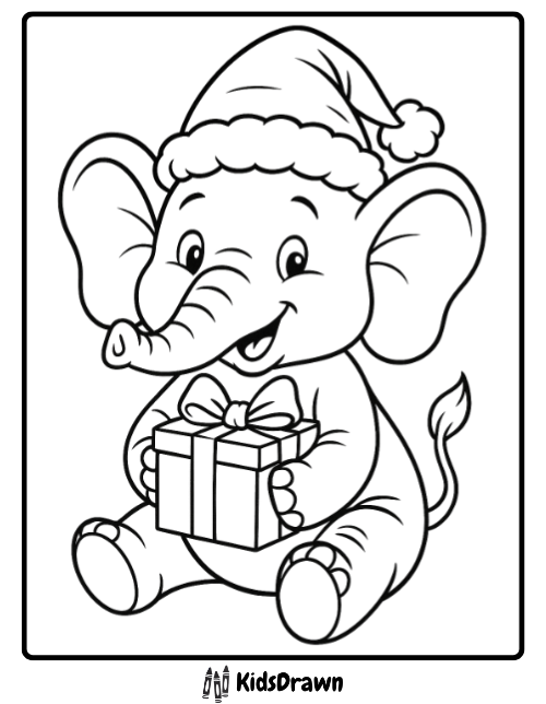 A smiling cartoon baby elephant wearing a Santa hat sits and holds a wrapped gift with a bow. Outlined like an elephant coloring page, this festive image features KidsDrawn written at the bottom.
