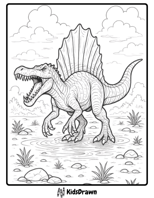 Ferocious spinosaurus standing in swamp with large sail