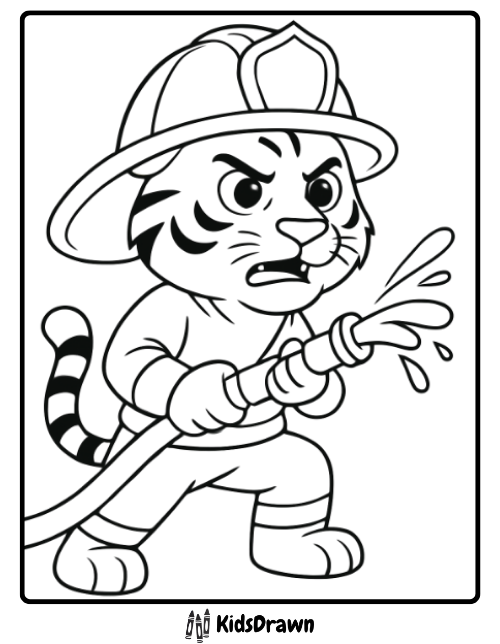 Brave tiger firefighter spraying water with a hose exciting rescue themed tiger coloring pages for children