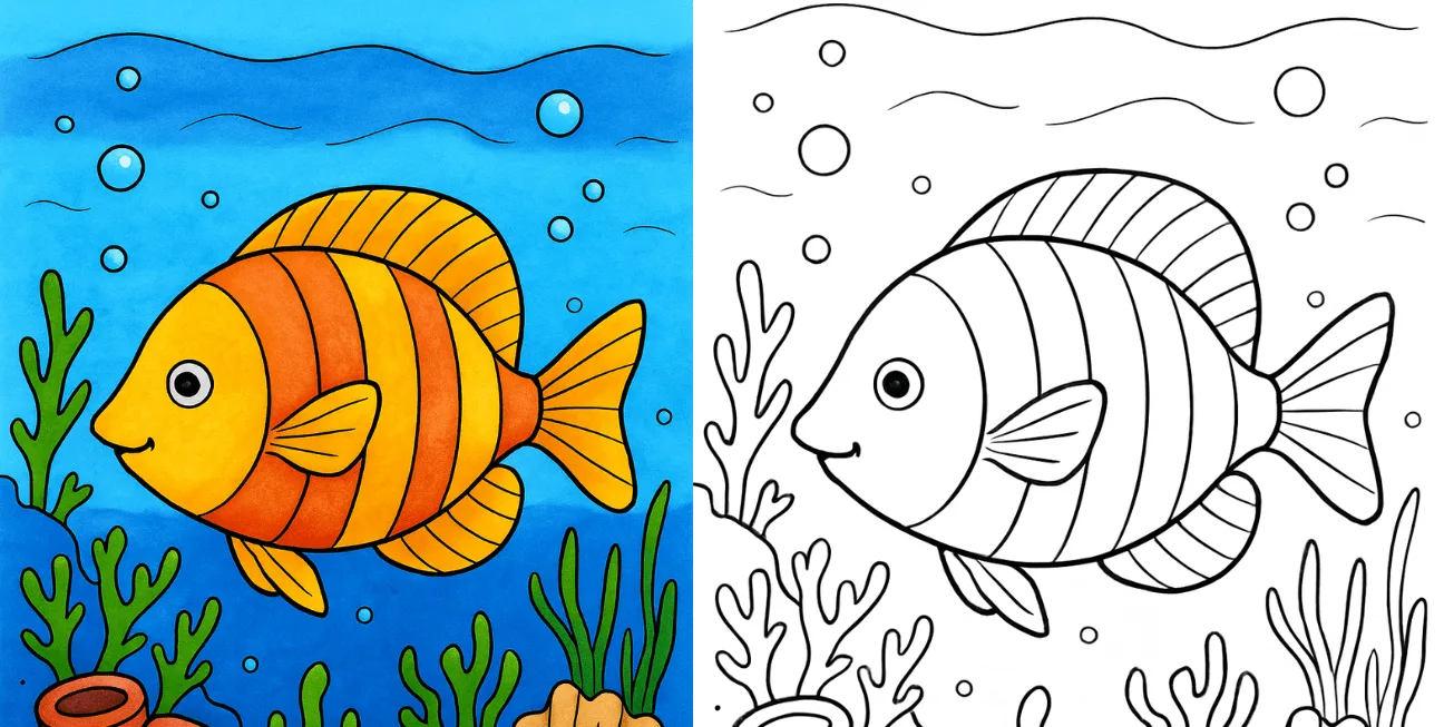 Printable fish coloring page showing a cute striped tropical fish swimming underwater with seaweed, bubbles, and coral fun activity for kids and families