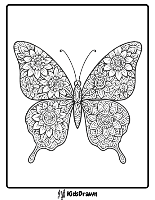Detailed mandala coloring page of a butterfly with wings intricately patterned with complex floral and sunburst designs