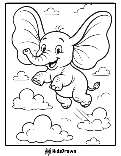 A cartoon elephant with big ears is joyfully flying among clouds in the sky, smiling with its trunk raised. Perfect for elephant coloring pages, the outlined image features "KidsDrawn" at the bottom for creative fun.