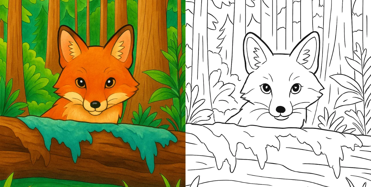 Fox coloring page of a cute fox peeking in forest scene