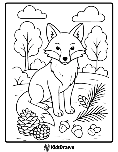 Fox coloring page sitting with pinecones and acorns