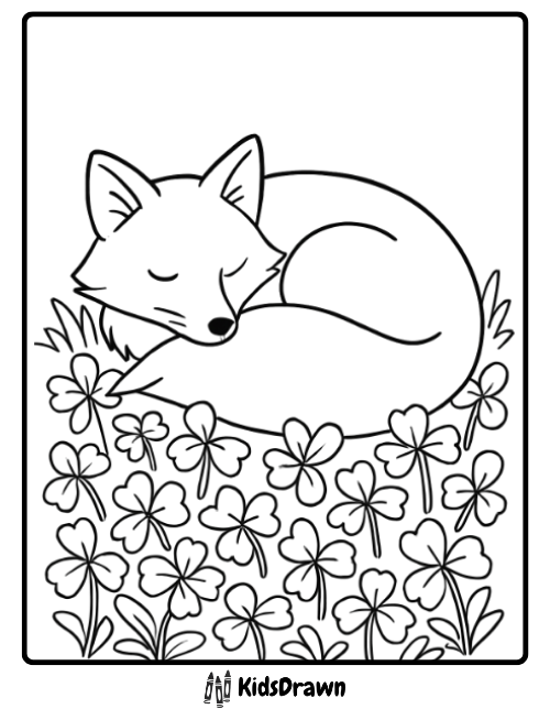 Fox coloring page curled up sleeping in clover