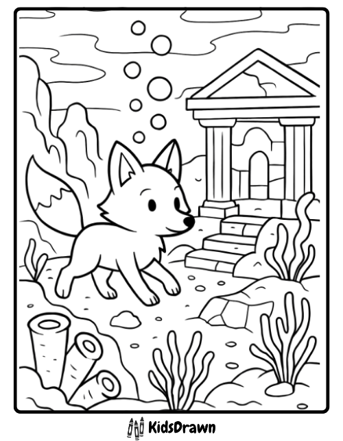 Fox coloring page of a curious fox exploring ocean ruins