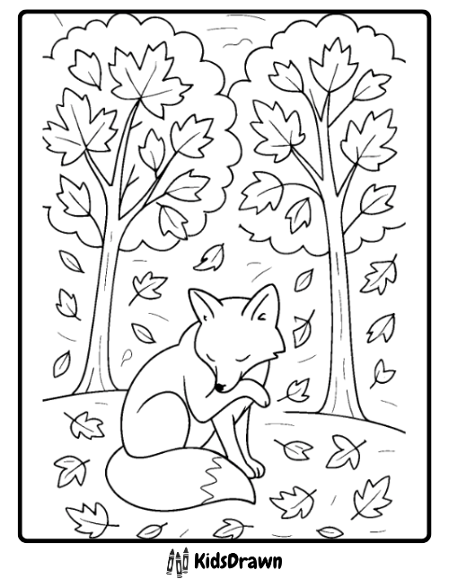 Fox coloring page of a fox grooming beneath fall trees