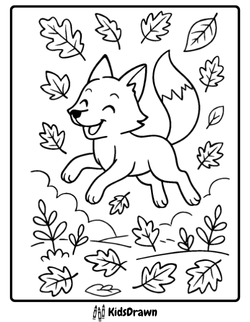 Fox coloring page of a playful fox jumping in autumn leaves