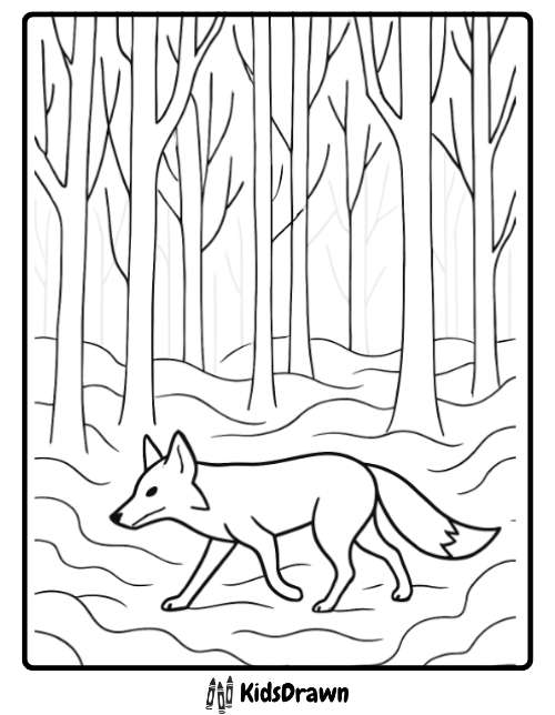 Fox coloring page of a fox walking through a foggy forest
