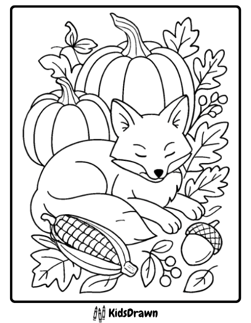 Fox coloring page of a fox resting among pumpkins and harvest