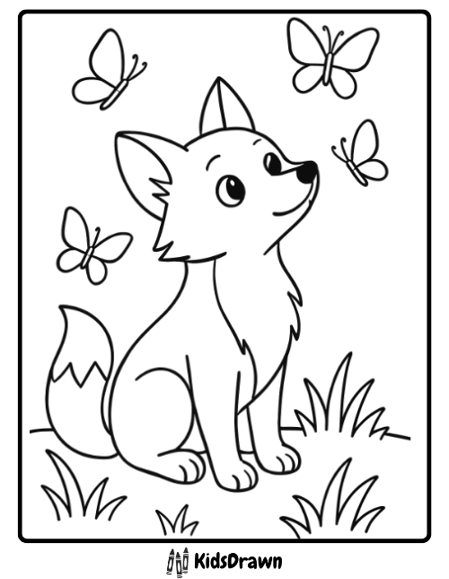 Fox coloring page of a cute fox watching fluttering butterflies