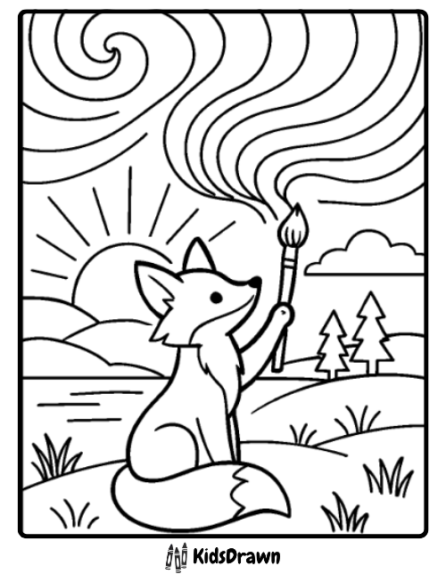 Fox coloring page of a creative fox painting sunset skies