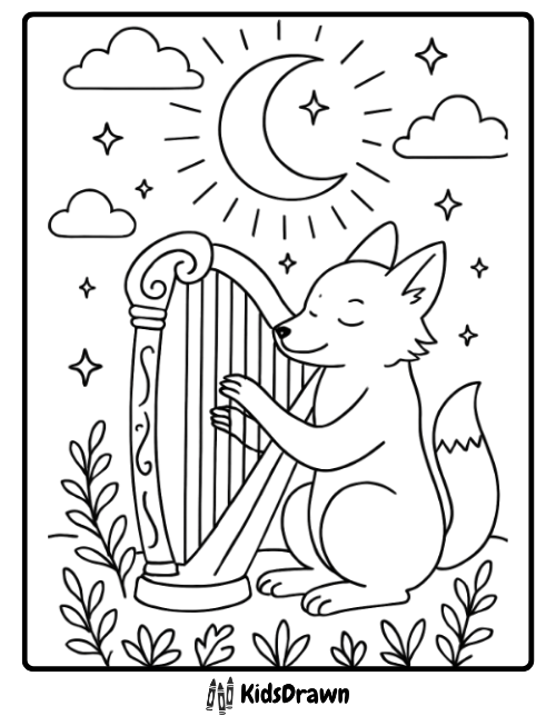 Fox coloring page of a fox playing harp beneath the moon