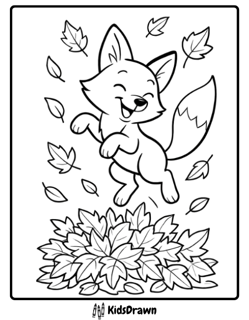 Fox coloring page of a playful fox jumping in autumn leaves