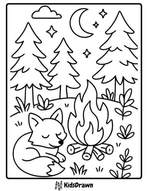 Fox coloring page of a fox resting by a glowing campfire