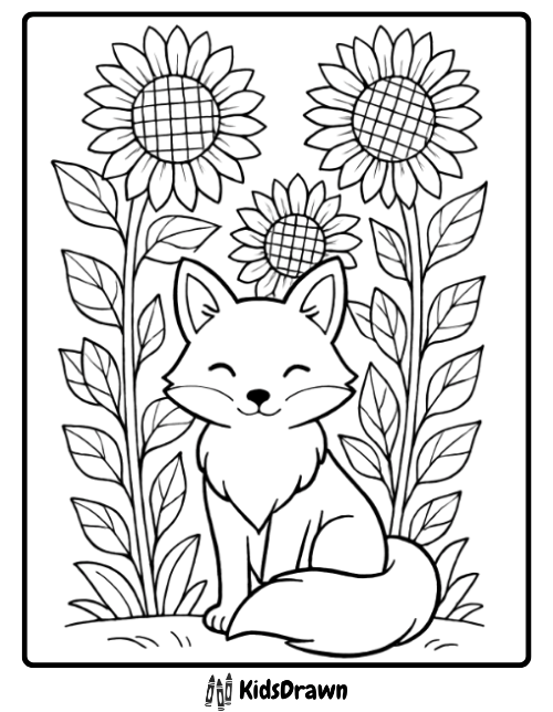 Fox coloring page of a happy fox sitting among sunflowers