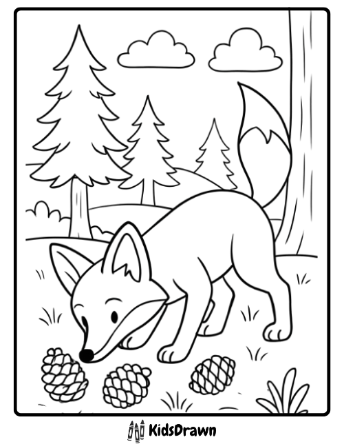 Fox coloring page of a curious fox sniffing pine cones