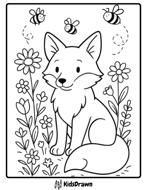 Fox coloring page of a fox with bees flying around flowers