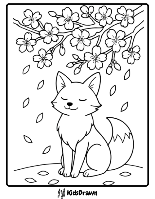 Fox coloring page of a fox sitting under cherry blossoms