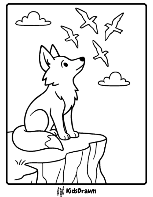 Fox coloring page of a fox sitting on cliff watching birds