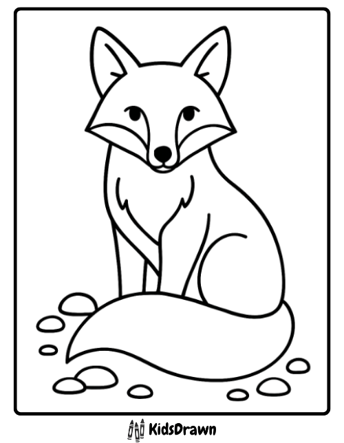 Fox coloring page of a calm fox sitting near river stones