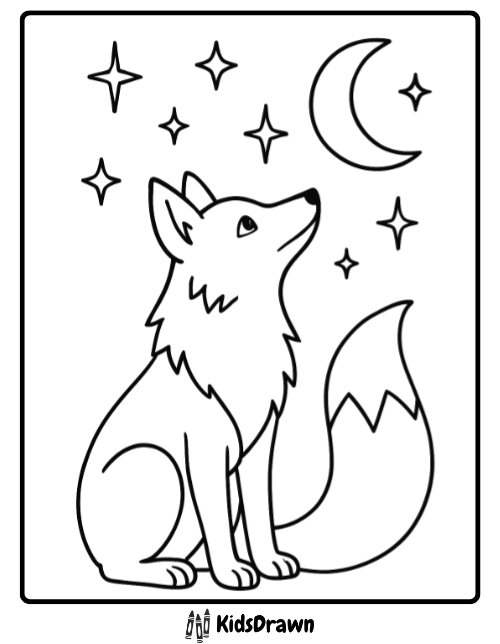 Fox coloring page of a fox gazing at stars and crescent moon