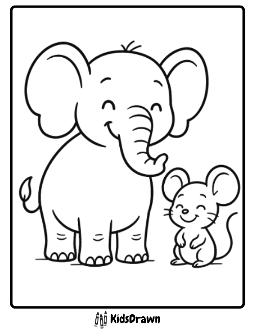 A simple black and white drawing of a smiling elephant and a happy mouse standing side by side, perfect for elephant coloring pages. The image has a playful, cartoon style and is neatly framed with a border.