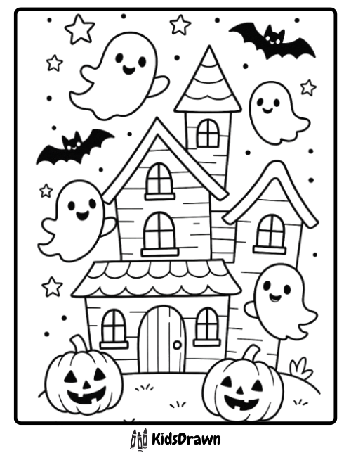 Cute haunted house with smiling ghosts and pumpkins coloring