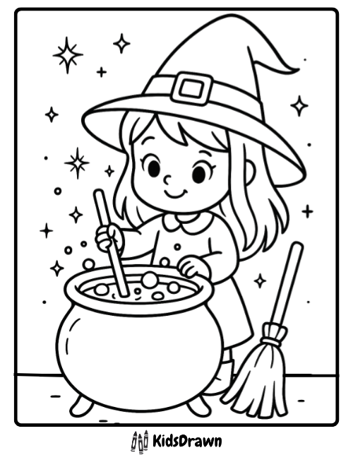 Adorable young witch stirring potion in cauldron Halloween page