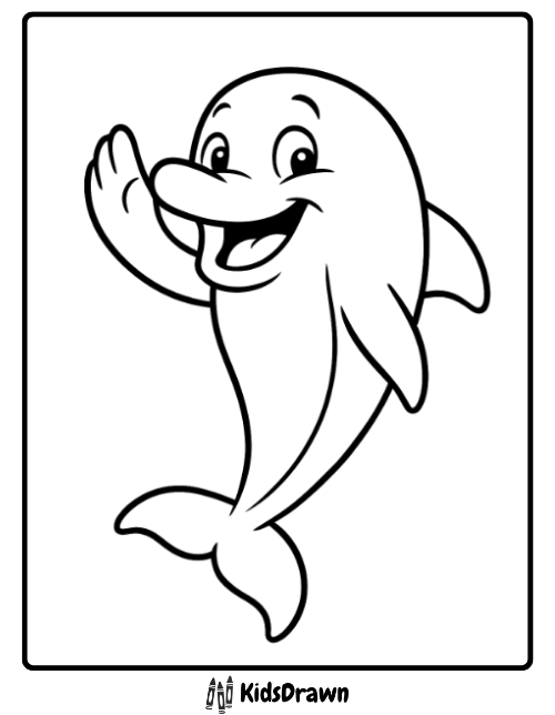 Outline drawing of a friendly, smiling dolphin waving its fin, a simple and cute marine animal coloring page for children