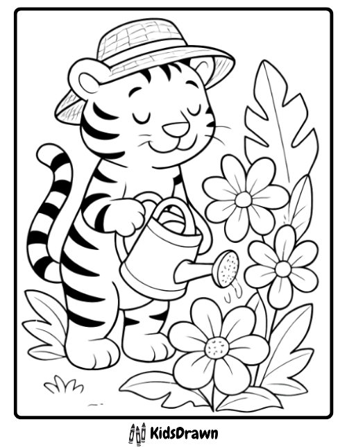Cute tiger watering blooming flowers calm and creative garden themed tiger coloring pages for kids