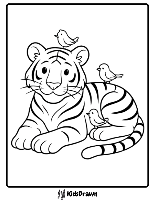 Gentle Tiger With Colorful Birds